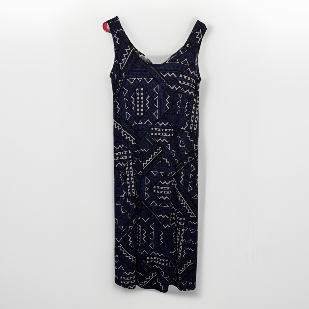 VTG Jostar Travel Knit Dress Long A-Line Tank Blue Geo Print Stretchy Large USA